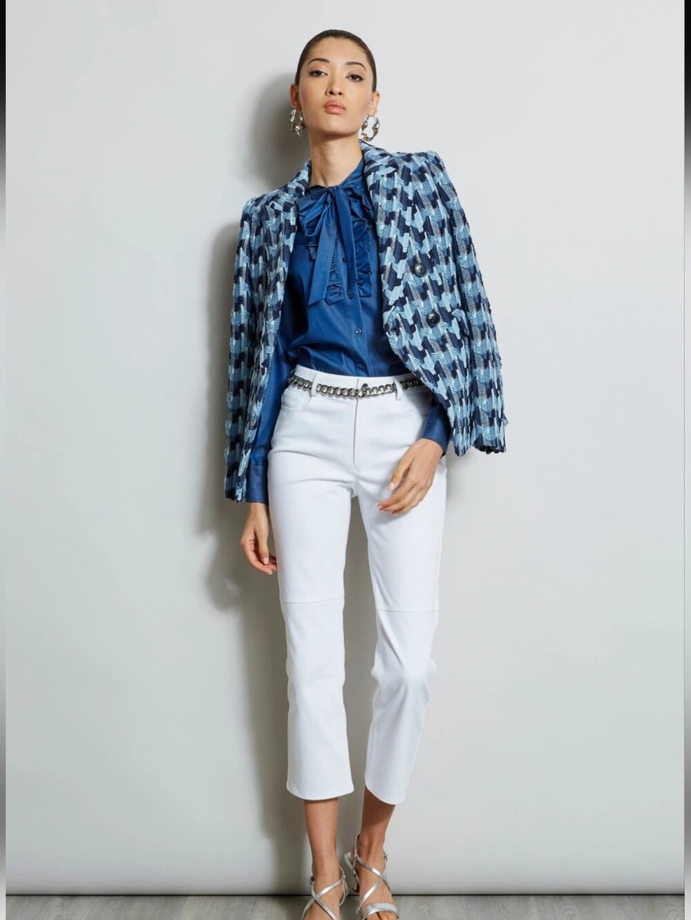 Elie Tahari Double Breasted Blazer Navy & White Houndstooth Tweed Size l0 NWT